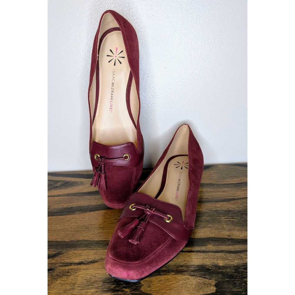 Isaac Mizrahi Live Paulina Burgundy Suede Tassel Gold Heel Loafers 9.5M